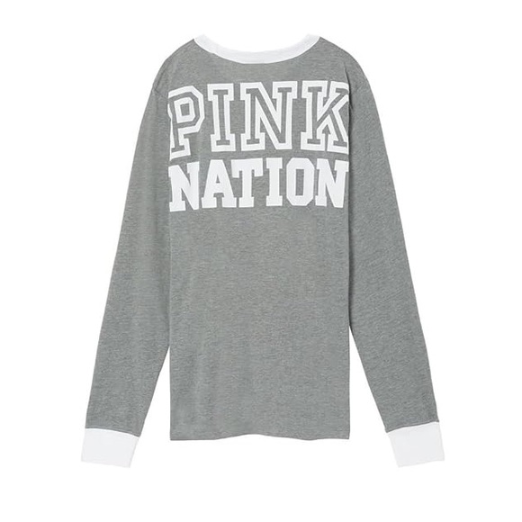 Vs Victorias Secret PINK LONG SLEEVE RINGER TEE SHIRT TOP CLAY GREY M - Picture 4 of 6